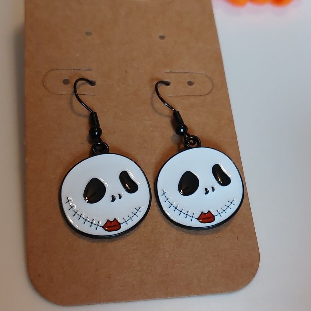 Black and White Enameled Jack Skellington Ghost Dangling Earrings Halloween